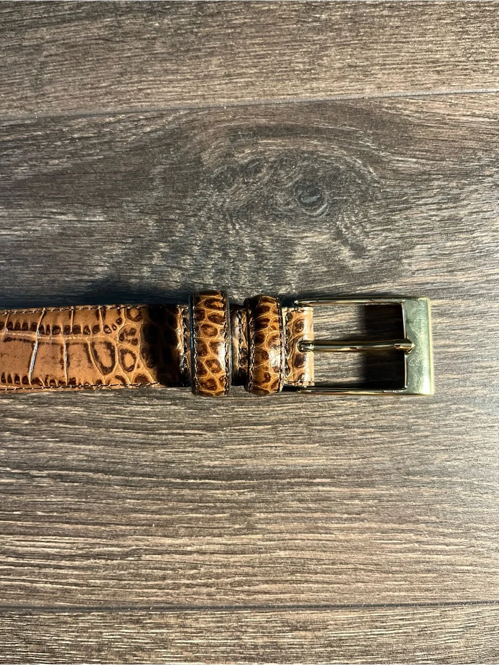 Women’s Cognac Brown Croc Embossed Genuine Leather Belt Gold Buckle Size 36